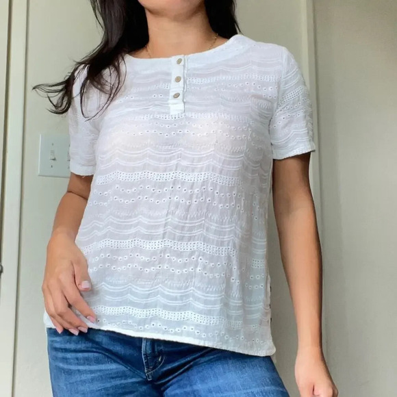 White 100% COTTON Embroidered Lace Hollow Out Blouse Short Sleeve - Picture 13 of 13